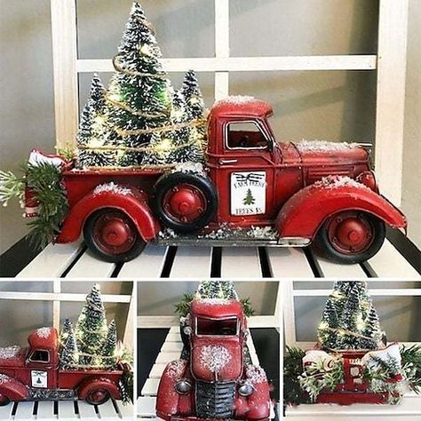 Xmas Table Decorations, Red Truck Decor, Truck Decor, Christmas Decorations Cheap, Christmas Red Truck, Table Centerpiece Decorations, Christmas Farm, Fresh Christmas Trees, Cheap Christmas