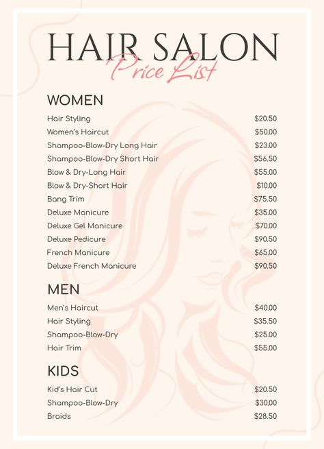 Hairdresser Price List, Hair Salon Price List, Dry Long Hair, Hair Salon Prices, Beauty Salon Price List, Nail Salon Prices, Salon Names Ideas, Hair Salon Names, Hair Salon Business