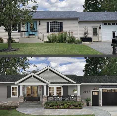 Front Of Home Design Ideas, Rambler Front Porch Ideas, 70s Rambler Exterior Remodel, Front Of House Makeover Ranch, Single Story Exterior Remodel, Front Walkway Ideas Ranch House, Ranch Home With Front Porch, Single Story Home Exterior Makeover, Brick And Vinyl Exterior Ranch