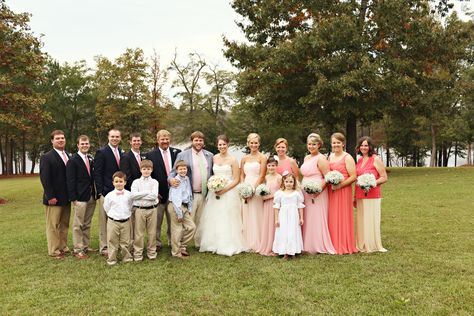 Bridal party.  Groomsmen in their own navy blazers, khaki pants, white shirt, and pink Vineyard Vines tie (their groomsmen gift).  Bridesmaids in mismatched shades of pink long chiffon dresses. Pink Chiffon Dress Long, Long Chiffon Dresses, Mismatched Dresses, Bridal Party Groomsmen, Navy Blazers, Godly Marriage, Chiffon Dresses, Chiffon Dress Long, Groomsmen Gift