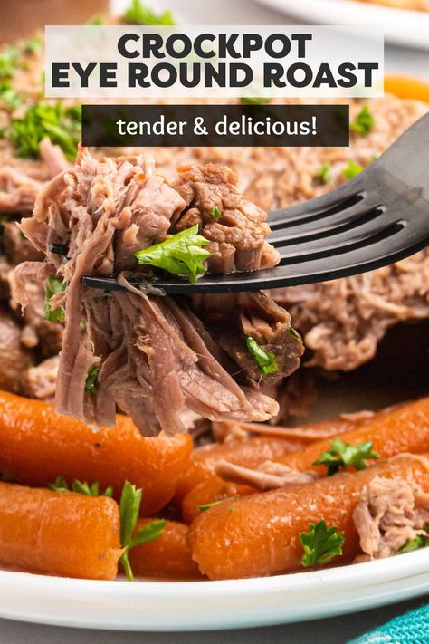 Slow cooker eye of round roast with vegetables is the perfect comfort food. Made easily in the crock pot, this tender roast is ideal for an easy weeknight dinner or Sunday dinner. | www.persnicketyplates.com Eye Of Round In Crock Pot, Eye Of Round Roast Recipes Crock Pot, Eye Of Round Roast Recipes, Round Roast Recipes, Slow Cooker Round Roast, Top Round Roast Recipe, Eye Round Roast, Roast With Vegetables, Eye Of Round Roast