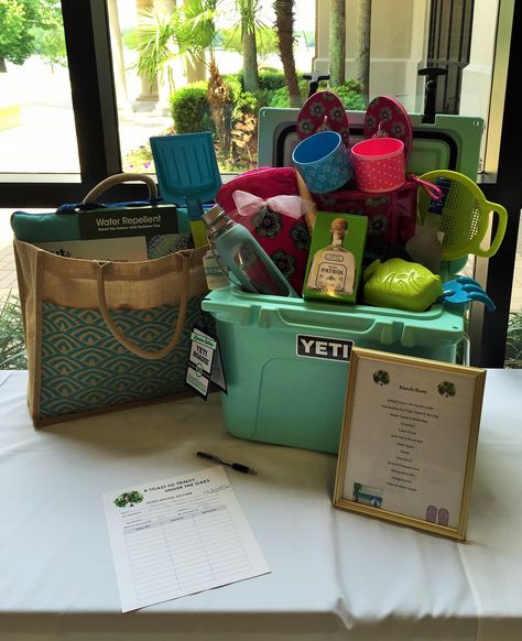 Silent Auction Class "Basket" Beach Themed. Vera Bradley Flip Flops and gear, Patron, Yeti Cooler, lots of other beach themed gear. Yeti Gift Basket, Cooler Gift Basket Ideas, Cooler Gift Basket, Arts And Crafts Bedroom, Silent Auction Gift Basket Ideas, Silent Auction Basket, Auction Gift Basket Ideas, Fundraiser Baskets, Theme Baskets