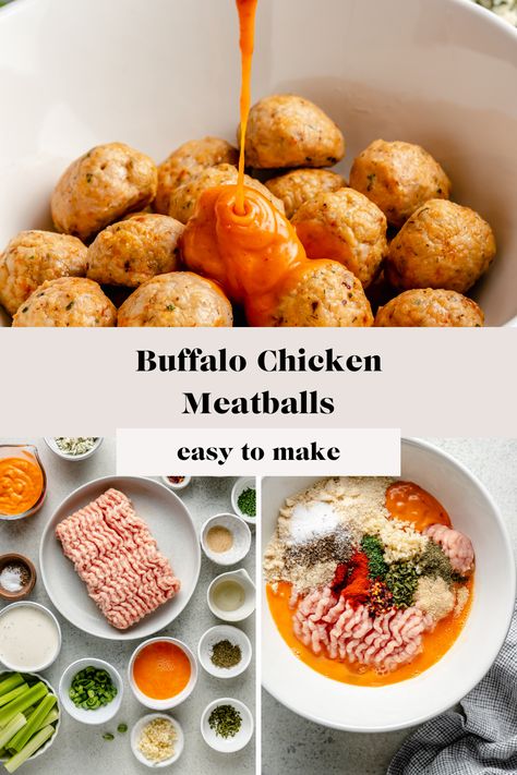 These baked Buffalo Chicken Meatballs are full of delicious buffalo flavor and so easy to make. They're perfect for an appetizer, potluck dish, a quick weeknight dinner that everyone will love. Keto Buffalo Meatballs, Buffalo Chicken Meatballs Meal Prep, Alpha Gal Thanksgiving Recipes, Buffalo Chicken Meatballs Healthy, Chicken Recipes Buffalo, Appetizer Potluck, Recipes Buffalo Chicken, Buffalo Turkey Meatballs, Buffalo Chicken Dips