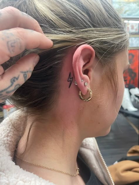 Behind The Ear Tattoo Ideas Lightning Bolt, Lightening Bolt Tattoo Behind The Ear, Lightning Bolt Ear Tattoo, Behind Ear Lightning Bolt Tattoo, Lightning Behind Ear Tattoo, Lightning Tattoo Behind Ear, Western Lightning Bolt Tattoo, Lighting Bolt Tattoo Behind Ear, Western Behind The Ear Tattoos