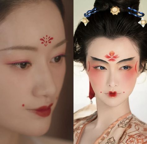 Hua Dian Makeup, Hanfu Makeup Look, Chinese Dynasty Makeup, Chinese Red Makeup, Hua Dian, Traditional Japanese Makeup, Ancient Chinese Makeup, Chinese Opera Makeup, Tang Dynasty Makeup