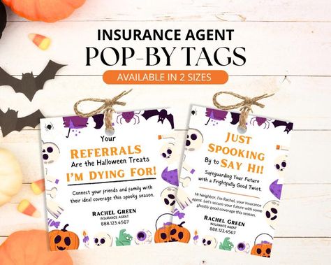 Say 'Boo Neighbor!' and showcase market statistics, a seller guide, or a buyer guide. Perfect for realtor farming and listing presentations. Reach out with a spooky 'Hello Halloween' card and cast a lasting spell! WHAT's INCLUDED? -1 PDF Canva Beginners Tutorial -Halloween Insurance pop by tags Design Template Size (3.5" x 3.5") and (3" x 4") -Your purchase includes an editable PDF accompanied by a Canva link. USER AGREEMENT AND TERMS The purchase of this template grants a single user license fo Halloween Giveaway Ideas, Real Estate Marketing Gifts, Pop By, Marketing Gifts, Insurance Ads, Life Insurance Agent, Tags Design, Marketing Gift, Insurance Marketing