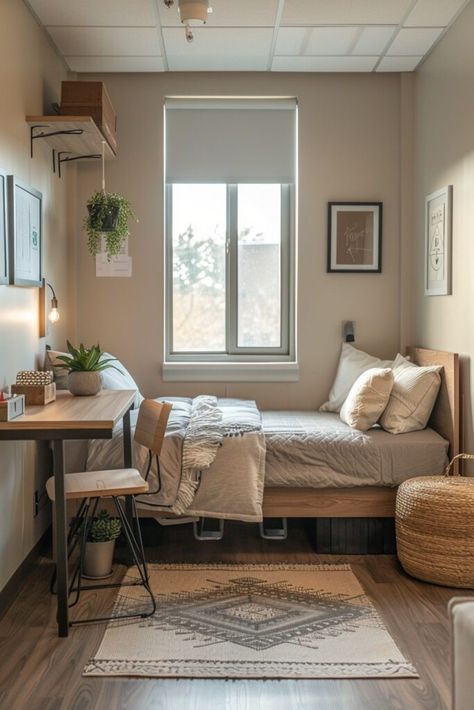 Minimal Dorm Room, Minimal Dorm, Dorm Room Ideas Minimalist, Neutral Dorm Room Ideas, Dorm Room Minimalist, Minimalist Dorm Room, Room Ideas Minimalist, Elegant Dorm Room, Dorm Room Themes