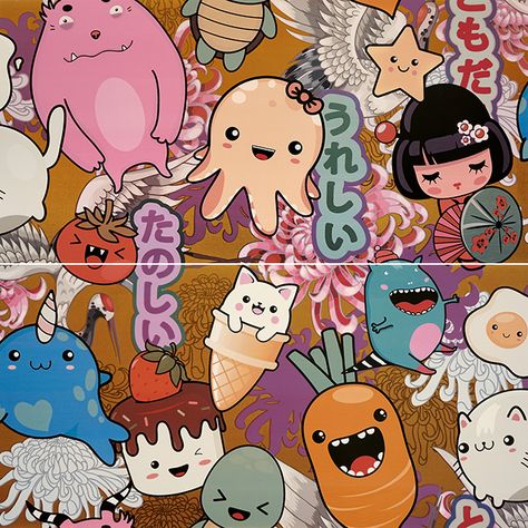 Kawaii: decorated tiles inspired by the Japanese Kawaii culture Kawaii Mural, Kawaii Culture, Japanese Kawaii, Luminous Colours, Japanese Aesthetic, Japanese Culture, Personal Marketing, Wall Tiles, Snoopy