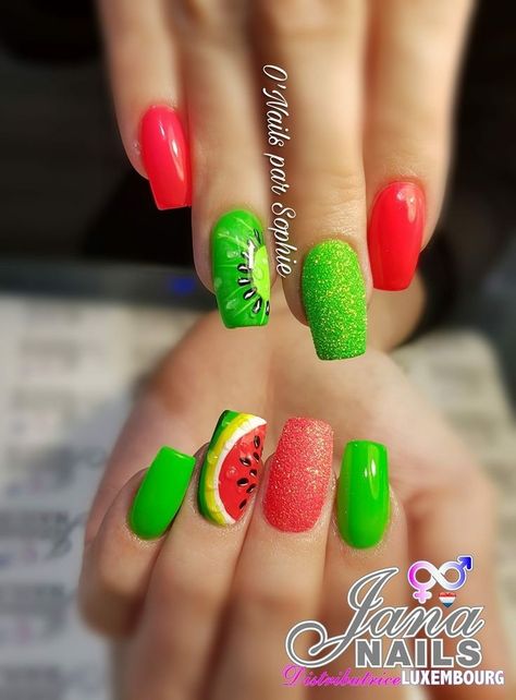 Watermelon Pedicure Designs, Neon Fruit Nails, Fruit Nail Art Acrylic, Watermelon Color Nails, Watermelon Nails Acrylic, Fruit Nails Design, Nails Coffin Summer, Coffin Summer Nails, Acrylic Nails Pretty