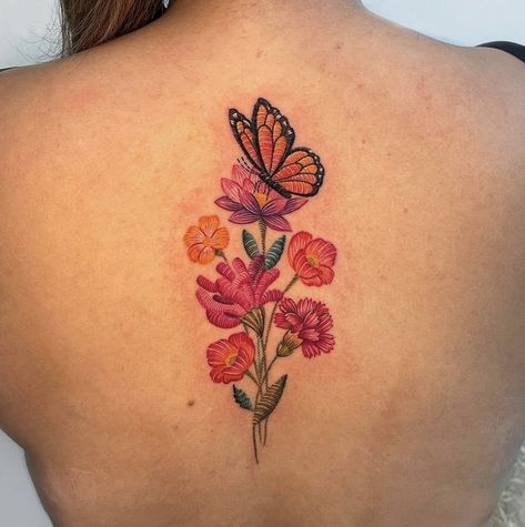 Embroidered Tattoo Design, Embroidery Tattoos For Women, Mexican Butterfly Tattoo, Mexican Flowers Tattoo, Embroidery Flower Tattoo, Mexican Culture Tattoo For Women, Mexican Culture Tattoo, Mexican Embroidery Tattoo, Mexican Tattoo For Women