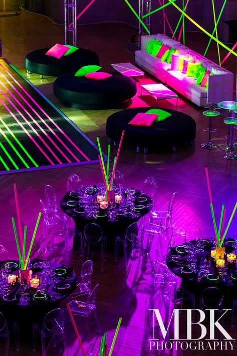 Neon Mitzvah | Revolution Event Design and Production : Revolution Event Design and Production Round Daybed, Neon Tape, Neon Party Decorations, Glow In Dark Party, Neon Birthday Party, Mitzvah Themes, Glow Birthday Party, Bat Mitzvah Party, Party Neon