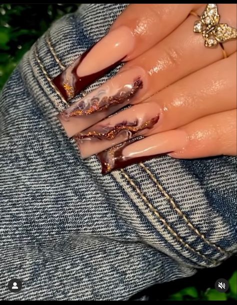 Mail Inspo, Brown Acrylic Nails, Gold Acrylic Nails, Sassy Nails, Edgy Nails, Classy Acrylic Nails, Fall Acrylic Nails, Short Square Acrylic Nails, Pretty Gel Nails