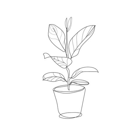 Indoor Plant Drawing, Plant Pot Tattoo Simple, Indoor Plant Illustration, Ficus Drawing, Plant In A Pot Drawing, Ficus Tattoos, Plant In Pot Illustration, Indoor Plant Tattoo, Indoor Plants Drawing