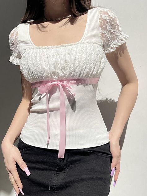 Style: Casual/Street/Vintage/Sweet/Y2K Fabric Content: Polyester Fit Type: Slim Fit Neckline: U Neck Sleeve Length: Short Sleeve White T Shirt Women, Y2k Fabric, Fem Fits, Patchwork Tee, Coquette Clothing, Pizza Bianca, Bubble Sleeve Top, Elegant Attire, Crop Top Dress