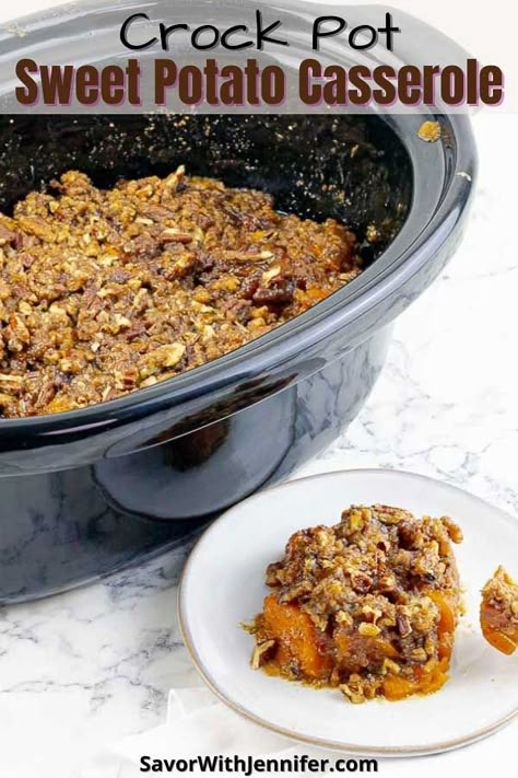 Forget the sticky marshmallows and instead, try this incredibly easy Slow Cooker Sweet Potato Casserole that combines tender cubes of sweet potatoes in a maple syrup infused, light caramel sauce all topped with a toasty, pecan crumble crust. The best part? The Crock Pot does almost ALL the work! #savorwithjennifer #sweetpotatocasserole #holidayside #sidedish via @Savor With Jennifer Slow Cooker Sweet Potato Casserole, Sweet Potato Casserole Crock Pot, Crock Pot Sweet Potatoes, Pecan Crumble, Raw Sweet Potato, Slow Cooker Sweet Potatoes, Yam Or Sweet Potato, Cubed Sweet Potatoes, Crockpot Casserole