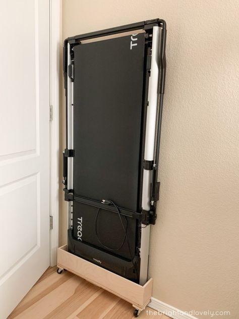 How to Build a Treadmill Dolly - The Bright and Lovely Treadmill In Garage Ideas, Treadmill Storage Ideas, Bedroom With Treadmill, Hidden Treadmill, Hide Treadmill, Treadmill In Living Room Ideas, Treadmill In Bedroom, Treadmill Storage, Portable Treadmill