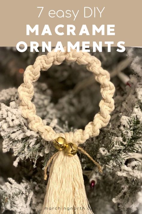 A macrame Christmas ornament hanging on a tree. Easy Macrame Gnomes, Macrame Patterns Christmas, Diy Macrame Christmas Decorations, Macrame Christmas Diy Tutorial, Macrema Christmas Ornaments Diy, Christmas Ornament Macrame, Easy Macrame Ornaments Diy, Macrame Xmas Ornaments, Macrame Patterns Tutorials Easy