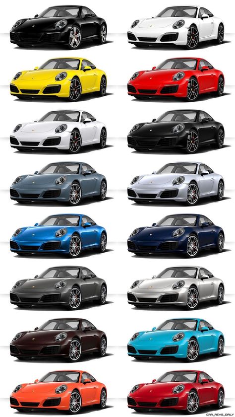 4xSolid: Black, White, Racing Yellow, Guards Red | 8xMetallic: Carrera White, Jet Black, Graphite Blue, Rhodium Silver, Sapphire Blue, Night Blue, Agate Grey, GT Silver | 4xSpecial: Mahogany Metallic, Miami Blue, Lava Orange, Carmine Red Best Car Colors, Audi Rs5 Sportback, Porsche Colors, Rich Cars, Porsche 550, Shelby Mustang, Porsche Sports Car, Porsche Motorsport, Vw Porsche