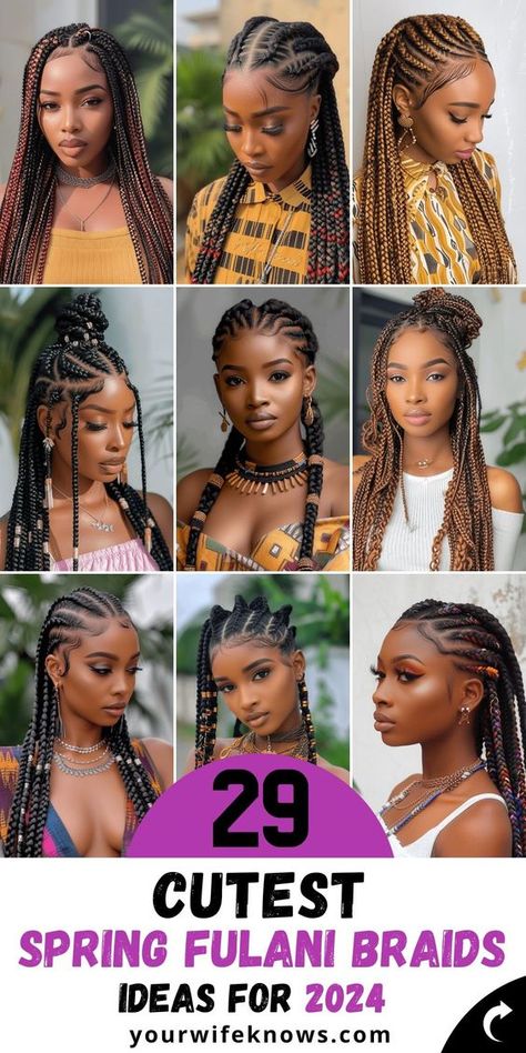 Fulani Braids With No Curls, Fulani Braids Hairstyles Designs Short, 2024 Hairstyles For Black Women, Simple Fulani Braids Hairstyles, Simple Weave Hairstyles Braids, New Braid Styles 2024, Fulani Braids Hairstyles With Beads, Long Braids With Beads, Braided Weave Hairstyles