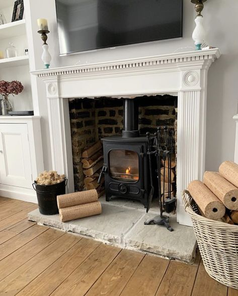 Farrow And Ball Living Room, Edwardian Fireplace, Wood Burner Fireplace, Wood Burning Stoves Living Room, Log Burner Living Room, Wood Burning Fireplace Inserts, New House Living Room, Victorian Living Room, Basement Living Rooms