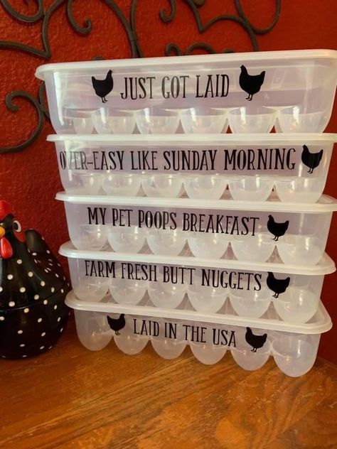 Custom Egg Cartons Holds 12 Eggs Approximately 13" L x 5" W x 3" H.  Plastic Lid rest on top Heavy Duty, high quality storage! Includes lid; made of thick and durable BPA free material.  1.Laid in the USA 2.Farm Fresh Butt Nuggets  3.My pet poops breakfast 4.Over-Easy like Sunday Morning *Do not soak, scrub over wording, or place in the dishwasher. Handwash only* Fresh Egg Storage Ideas, Organization Fridge, Egg Container, Mobile Home Decorating, Egg Crates, Egg Cartons, Easy Like Sunday Morning, Fridge Storage, Egg Storage