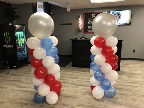 Barber Pole balloon tower made for a grand opening Barbershop Parade Float, Barber Party Decorations, Barber Shop Theme Party, Barber Shop Grand Opening Ideas, Barber Shop Party Ideas, Barber School Ideas, Barber Party Ideas, Barber Theme Party Ideas, Barbershop Grand Opening Ideas