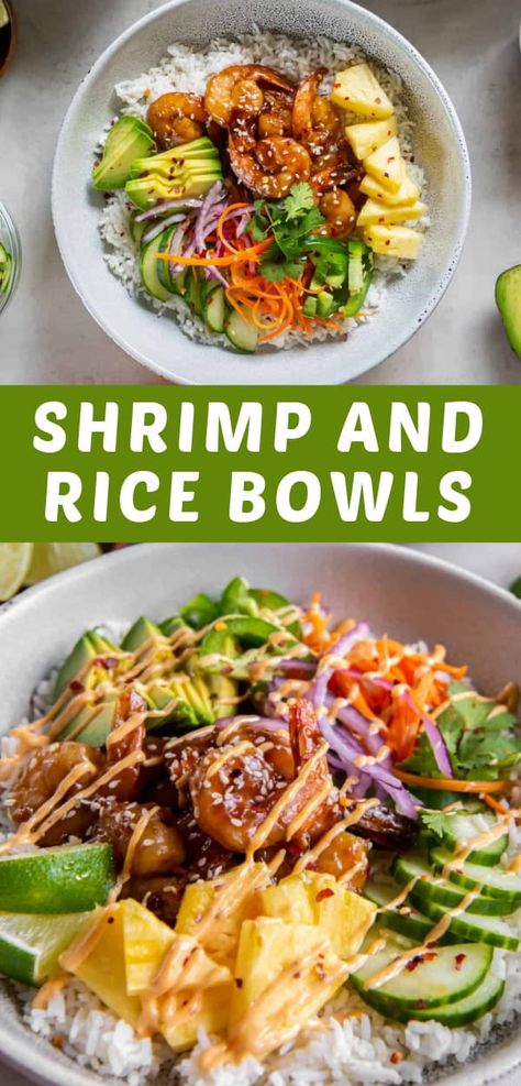 Enjoy this easy Shrimp and Rice Bowl for lunch or dinner in 30 minutes or less! Teriyaki style shrimp is served over a bed of rice with delicious toppings like pineapple, avocado, pickled carrots, sriracha mayo and more. Shrimp Bowl With Cauliflower Rice, Asian Recipes With Shrimp, Spicy Shrimp Rice Bowl, Shrimp And Kimchi Rice Bowl, Shrimp Recipes High Protein, Shrimp Power Bowl Recipe, Prawn Bowl Recipe, Dinner Ideas Japanese, Shrimp Asian Bowl