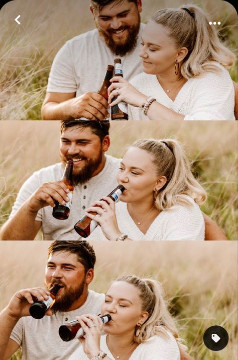 Engagement Pictures Theme, Engagement Photos Drinking Beer, Alcohol Engagement Photos, Pre Wedding Shoot Ideas In Park, Engagement Photos Drinking, Fun Outdoor Engagement Photos, Engagement Photo Sessions, Backyard Photoshoot Ideas Couple, Engagement Photos Different