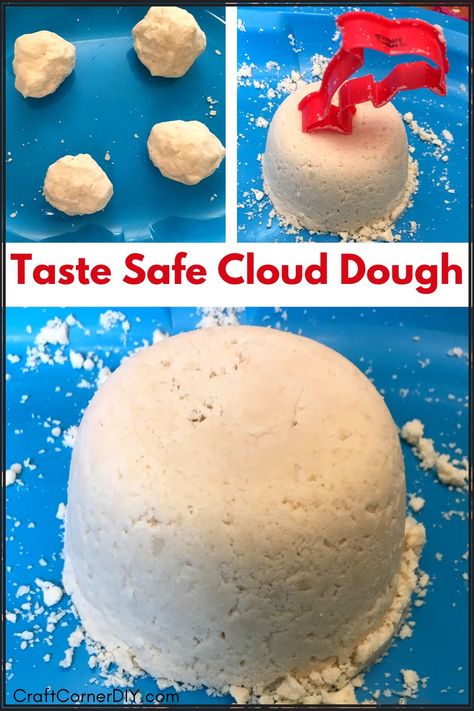 Homemade cloud dough made with flour and vegetable oil. Taste Safe Cloud Dough, Edible Cloud Dough, How To Make Cloud Dough, Play Snow Recipe, Diy Cloud Dough, Kids Craft Corner, Cloud Sand, Cloud Dough Recipe, Cloud Dough Recipes