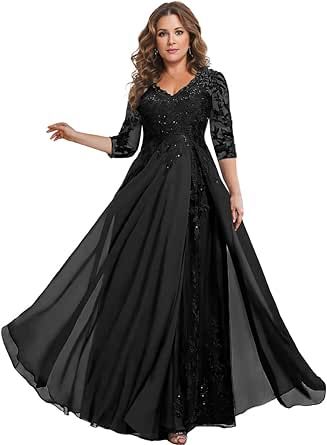 HANVAIOS 3/4 Sleeve Mother of The Bride Dresses for Women Long Chiffon Lace V-Neck Formal Wedding Guest Gown Wedding Guest Gowns, Formal Wedding Guest Dress, Mother Of The Bride Dresses Long, Wedding Dress Sequin, Formal Dresses With Sleeves, Mother Of Groom Dresses, Evening Party Gowns, Lace Formal Dress, Dresses For Wedding