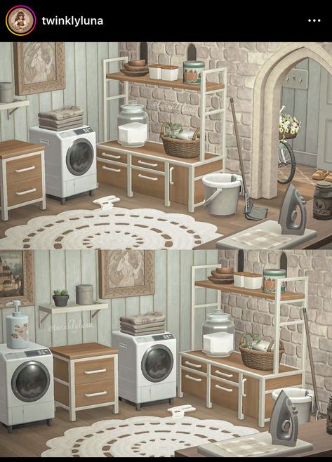 Laundry room design made by twinklyluna. Such a cute cottagecore cozy design! Acnh Cottagecore House, Acnh Living Rooms Ideas, Indoor Laundry Room, Acnh Cottagecore, Cute Living Room, Cute Cottagecore, Animal Crossing 3ds, Animal Crossing Funny, Animal Crossing Guide