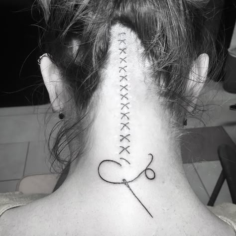 Tattoo Stitches Scar, Stitches Scar Tattoo Design, Stitches Scar Tattoo Ideas, Zipper Tattoo Over Scar, Stitches Tattoo Scar, Sewn Tattoo, Neck Scar Tattoo, Back Scar Tattoo, Stitches Tattoo Design