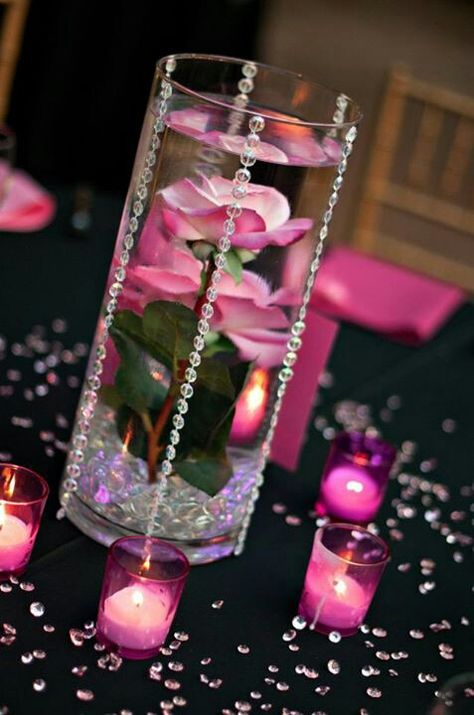 Pink and black crystal wedding vases drippin in crystals Pink Black Weddings, Black Centerpieces, Pink Ideas, Pink Centerpieces, Hot Pink Weddings, Ideas For Wedding, Black Hot Pink, Pink Birthday, Pink Parties