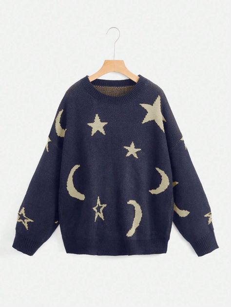 Navy Blue Casual Collar Long Sleeve Knitwear Geometric Pullovers Embellished Slight Stretch  Women Clothing Pastel Colored Clothes, Cool Vintage Clothes, Cute Colorful Sweaters, Stars Aesthetic Clothes, Blue Star Clothes, Mooncore Clothes, Cute Colorful Clothes, Navy Blue Clothes Aesthetic, Blue Emo Outfits