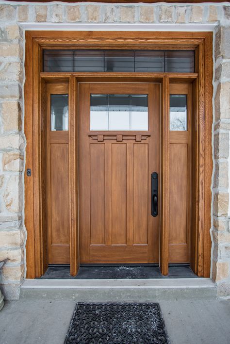 Craftsman Style Door with Obscure Glass, Sidelights and Fixed Glazed Transom in White Oak Transom Above Front Door, Front Doors With Transom And Sidelights, Front Door With Sidelights And Transom, Wood Front Doors With Glass Panels, Wood Front Door With Sidelights, Front Doors With Side Lights, Craftsman Style Front Door, Craftsman Style Front Doors, Craftsman Exterior Door