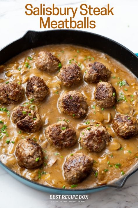 Meatballs And Potatoes, Meatballs With Mushroom Gravy, Salisbury Steak Crockpot, Frozen Meatball Recipes, Easy Salisbury Steak, Steak Burger, Salisbury Steak Meatballs, Meatballs And Gravy, Salisbury Steak Recipes