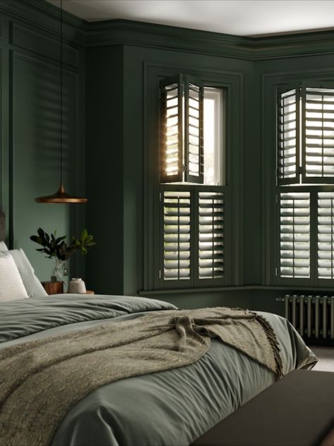 Bedroom Inspirations Sage Green, Autumn Home Decor Ideas, Bathroom Shutters, Shutters Inside, Bedroom Shutters, Cafe Style Shutters, Shutters Interior, Green Bedroom Ideas, Light Window