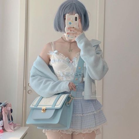 pastel blue kawaii fashion jfashion cute kidcore sweetcore aesthetic outfit bows dollette Blue Clothes Aesthetic, Pastel Outfits Aesthetic, Aesthetic Tie Dye, Pastel Blue Outfit, Soft Aesthetic Outfits, Cute Pastel Outfits, Sanrio Outfits, Kawaii Outfits Aesthetic, Kawaii Outfit Ideas