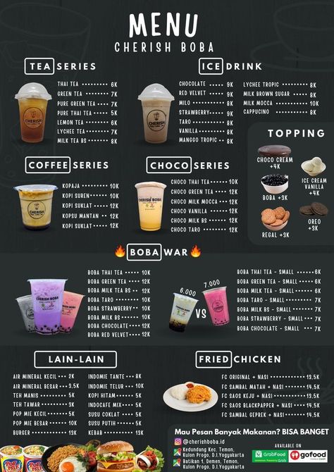 Boba Menu Design Ideas, Boba Cafe Design, Desain Menu Minuman Boba, Boba Tea Menu Design, Bubble Tea Ideas, Starbucks Menu Design, Menu Minuman Boba, Menu Boba Drink, Cafe Menu Ideas Food Coffee Shop