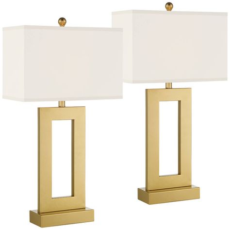 360 Lighting Marshall 30" Tall Open Rectangle Large Modern Luxe End Table Lamps Set Of 2 Gold Finish Metal White Shade Living Room Bedroom Bedside : Target Gold And White Lamps, College Apartment Decor Preppy, White And Gold Room Decor, Trendy Lamps, Gold Lamps Bedroom, Unc Dorm, End Table Lamps, Modern Table Lamp Design, Gold Lamps