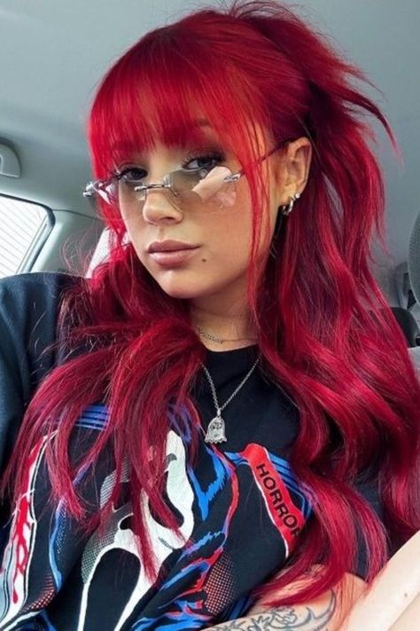 red hair, hair, hair styles, red aesthetic bangs, fringe, alt, viral, trending Vibrant Red Hair, Red Hair Looks, Cherry Red Hair, Arctic Fox Hair Color, Red Hair Inspo, Dyed Red Hair, Red To Blonde, Bright Red Hair, Long Hair With Bangs