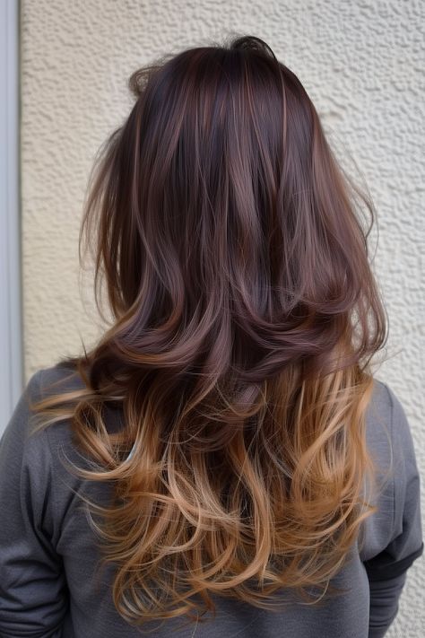 Two Tone Ombre Hair, Dark To Light Ombre Hair Medium, Hair Color Ombre Brown, Brunette Blonde Ends, Hair Color Ends Dip Dyed, Warm Ombre Hair, Dark Hair With Light Ends, Ombre On Brown Hair, Brown With Pink Hair