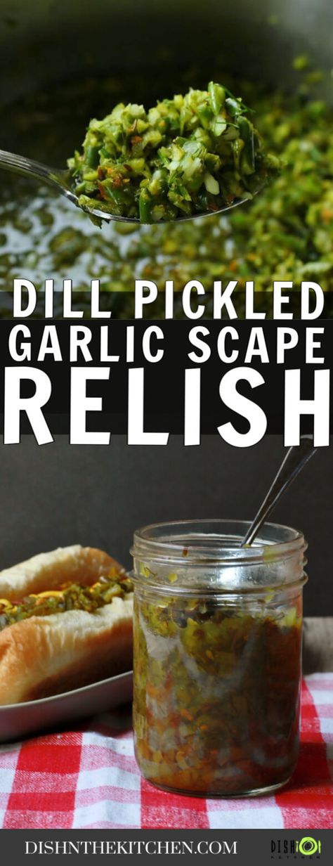 Garlic Scape Relish is made with fresh early summer garden grown garlic scapes. With just the right amount of vinegar and a touch of dill, it's perfect on hotdogs, burgers, sandwiches, and mixed into macaroni salad. #garlicscapes #scapes #relish #garlicscaperelish #preserving Garlic Scape Relish, Garlic Scape Recipes, Garlic Relish, Garlic Scapes Recipes, Pickled Garlic Scapes, Garden Garlic, Garlic Farm, Sweet Relish, Garlic Scapes