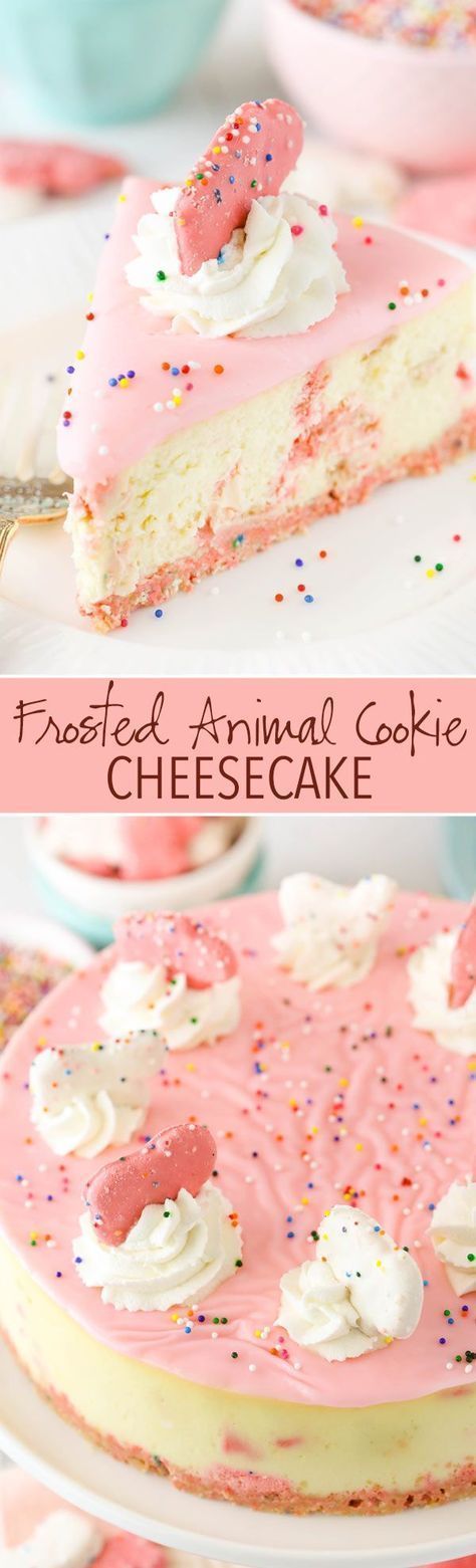 Frosted Animal Cookie Cheesecake - thick and cream vanilla cheesecake with frosted animal cookies in the crust and the filling! So good! Circus Cookie Cheesecake, Circus Animal Recipes, Frosted Animal Cookie Cheesecake, Circus Animal Cookie Dessert, Circus Cookie Desserts, Circus Animal Cookie Cheesecake, Christmas Fancy Desserts, Fun Cheesecake Ideas, Circus Animal Cookies Recipes