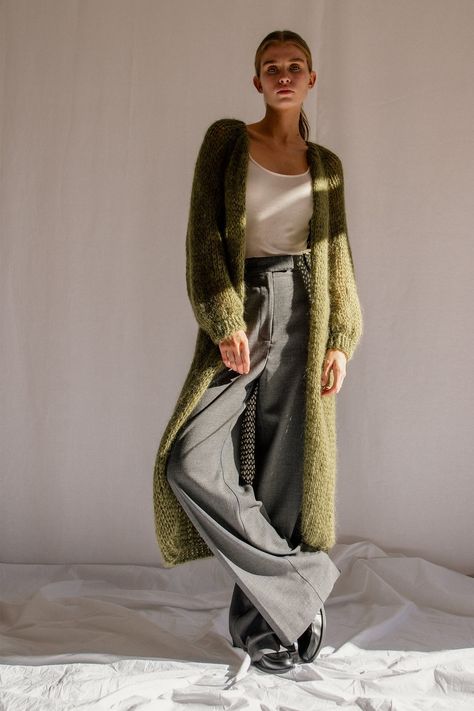 "The Airy Mohair Coat -- an open-front, long raglan cardigan, hand knit with luxurious kid mohair.  The perfect addition to your wardrobe for when you need an extra layer of warmth, but don't want to feel weighed down. Loosely knit with our signature kid mohair, it's lightweight and soft, making it a dream to wear.  The ultimate blend of comfort and style, it will be your favorite cardigan season after season. Handcrafted in Greece. DETAILS * Super soft, premium quality Italian mohair * Composit Big Cardigan Outfit Aesthetic, Styling Long Cardigans, Long Knit Cardigan Outfit, Mohair Cardigan Outfit, Longline Cardigan Outfit, Layered Clothes Aesthetic, Maxi Cardigan Outfit, Long Knitted Vest, Duster Cardigan Outfit