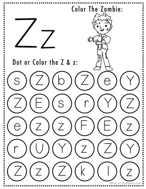 Free Halloween Themed Letter Dotting Worksheets For Letter Z - Set includes a variety of Letter Z coloring and tracing worksheets. Ideal for homeschoolers & preschool teachers and perfect for Halloween-themed lesson plans! 🍁🖍👻🎨 #Homeschooling #PreschoolEducation #PreKLearning #HalloweenActivities #AlphabetWorksheets #Zombie # #Printables #Freeprintable #letterZ #FreeprintableHalloweenWorksheet #HalloweenWorksheets Letter Z Crafts, Dot Marker Activities, Free Printable Halloween, Halloween Worksheets, Teaching Toddlers, Alphabet Activities Preschool, Letter Of The Week, Z Craft, Preschool Letters