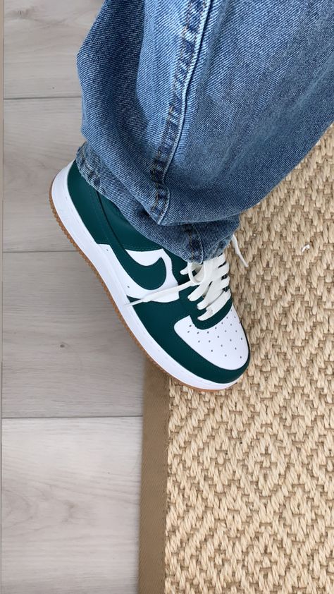 #Nike #Custom Nike Air Force 1 Verte, Air Force Custom Ideas, Nike Air Force Green, Nike Air Force 1 Green, Green Air Force 1, Green Nike Air Force, Forest Green Nike, Wide Feet Shoes, Green Nike Shoes