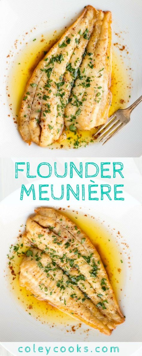 FLOUNDER MEUNIÈRE | Easiest ever fish recipe! This classic French recipe is so simple and so delicious. Ready in under 10 minutes for a quick and easy seafood dinner. Lemon, brown butter, best easy fish recipe ever! | ColeyCooks.com #frenchrecipes Flounder Dinner Recipes, Low Carb Flounder Recipes, Flounder And Shrimp Recipes, Keto Flounder Recipes, Best Flounder Recipe, French Seafood Recipes, Flounder Dinner Ideas, Frozen Flounder Recipes, Fish Meuniere