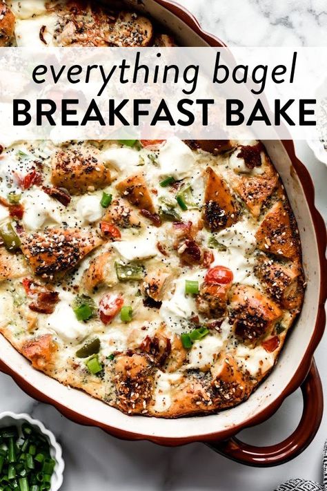 This everything bagel breakfast egg casserole combines everything bagels, eggs, cheese, peppers, tomatoes, and cream cheese to make the ultimate savory and satisfying make ahead breakfast. All the flavors from everything bagel seasoning that you love! Recipe on sallysbakingaddiction.com #makeahead #mealprep #breakfastrecipes Everything Bagel Breakfast Casserole, Bagel Breakfast Casserole, Everything Bagel Breakfast, Bagel Breakfast, Everything Bagels, Make Ahead Breakfast Casserole, Breakfast Egg Casserole, Overnight Breakfast Casserole, Hashbrown Breakfast Casserole