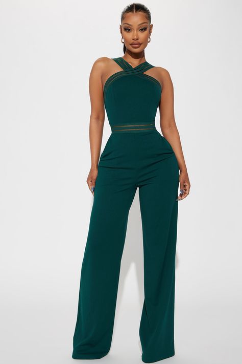 Available In Hunter And Black. Jumpsuit High Neck Sleeveless Mesh Cut Out Hidden Back Zipper Wide Leg Stretch Inseam = 34" Self: 95% Polyester 5% Spandex Imported | Always In Style Jumpsuit in Hunter size Large by Fashion Nova Prom Jumpsuit, Spandex Outfits, Body Con Dress Outfit, Style Jumpsuit, Office Dresses For Women, Jumpsuit Outfit, High Neck Sleeveless, Classy Casual Outfits, Stylish Work Outfits